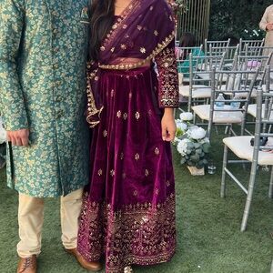 Velvet Embroidered Long Sleeve Formal Dress - Deep Plum